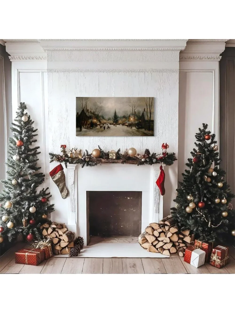 Rustic Farmhouse Vintage Winter Wall Art - Large Framed Canvas Decor, 40x20